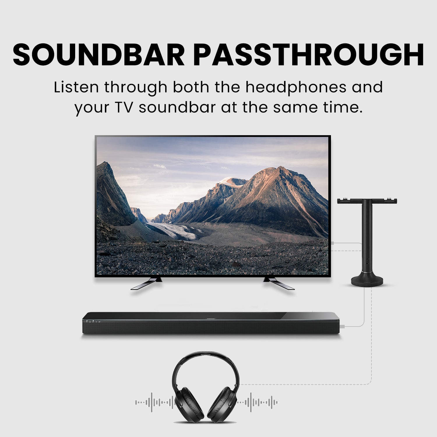 Duet Dual Wireless Headphones for TV, 2.4G connection, supports headphones  and soundbar passthrough simultaneously via optical and AUX.