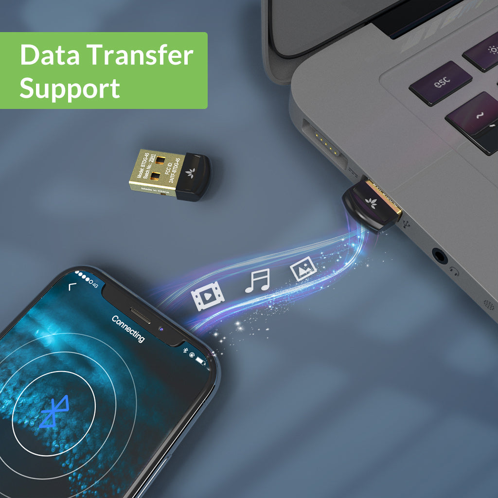 DG45 USB Bluetooth Adapter for Windows PCs, supports Bluetooth data transfer with compatible smartphones and tablets.Not compatible with non-Bluetooth audio devices.