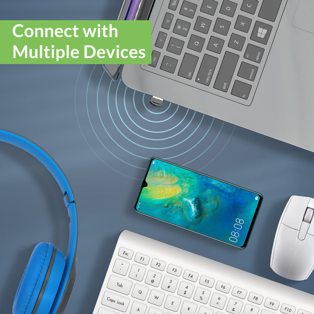 DG45 USB Bluetooth Adapter for Windows PCs, pairs with multiple Bluetooth devices, with one active audio device at a time.