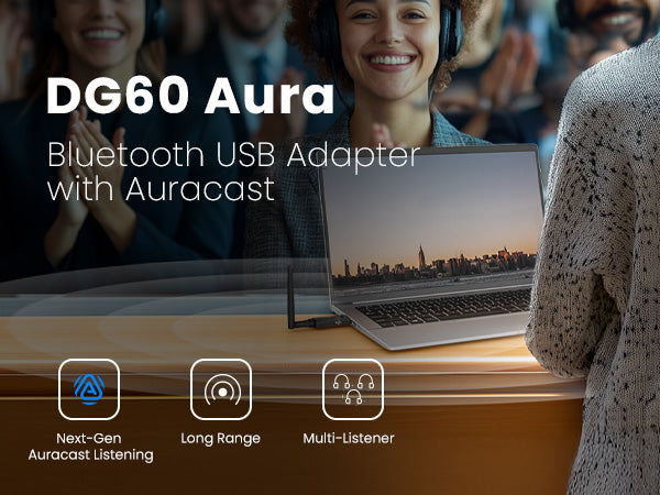 DG60 Aura USB Auracast & Bluetooth for Headphones & Hearing Aids with long-range Auracast streaming and multi-listener support.