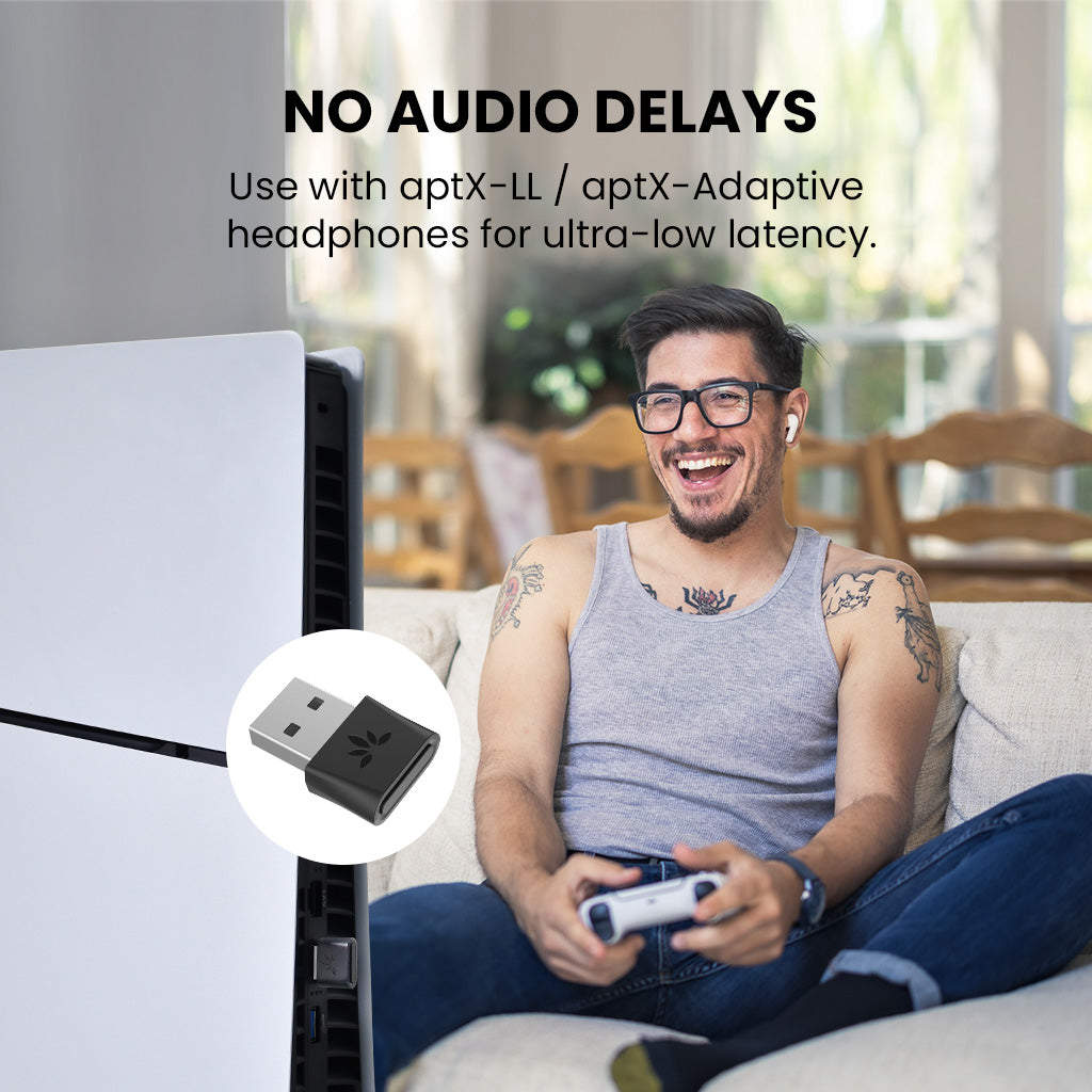 DG80-Gaming Bluetooth 5.3 USB Adapter for PS5, aptX Low Latency and aptX Adaptive support for synchronized audio with no delay.