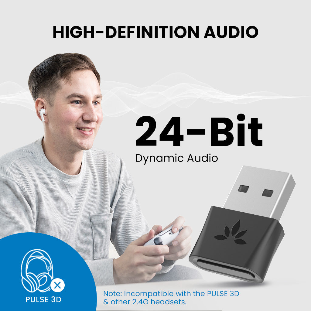 DG80-Gaming Bluetooth 5.3 USB Adapter for PS5, High definition audio with 24-bit dynamic audio; not compatible with Pulse 3D or 2.4GHz headsets.
