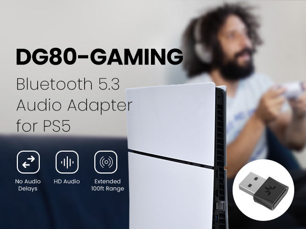 DG80P Long Range USB Bluetooth 5.3 Adapter for PS5, low latency, HD audio, and 100ft wireless range.