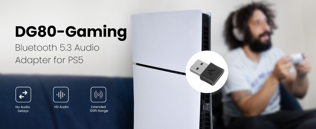 DG80P Long Range USB Bluetooth 5.3 Adapter for PS5, low latency, HD audio, and 100ft wireless range.