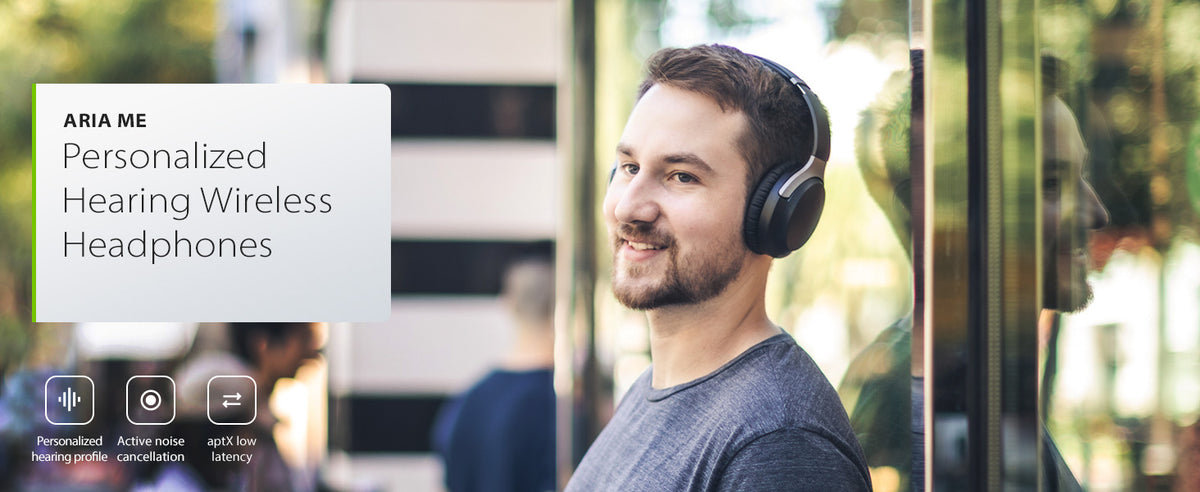 Aria Me Bluetooth Headphones for Hearing Impaired with personalized hearing profiles, active noise cancellation and low latency