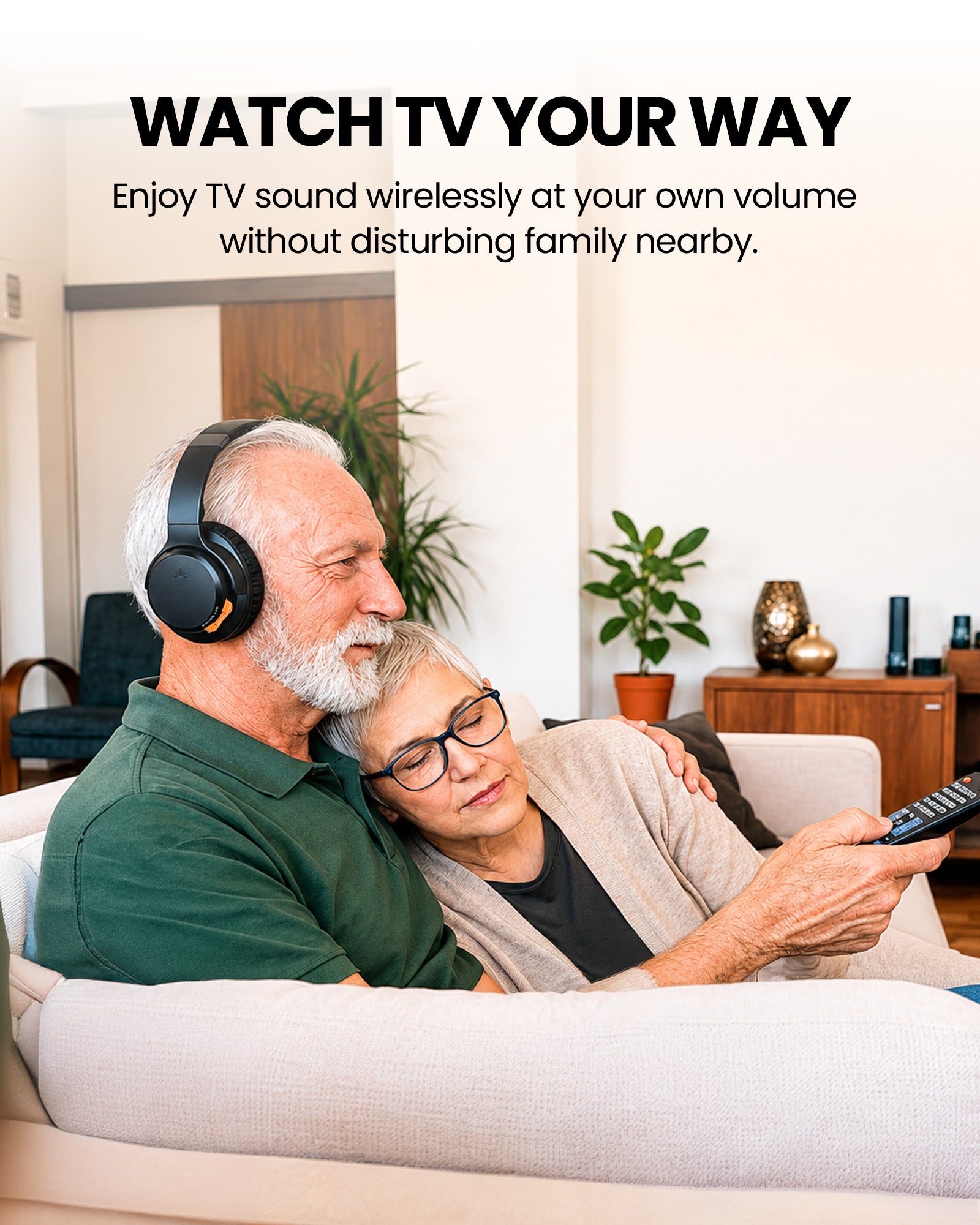 Ensemble Pro  Senior-Friendly Wireless TV Headphones for shared bedrooms, featuring independent volume control on headphone.