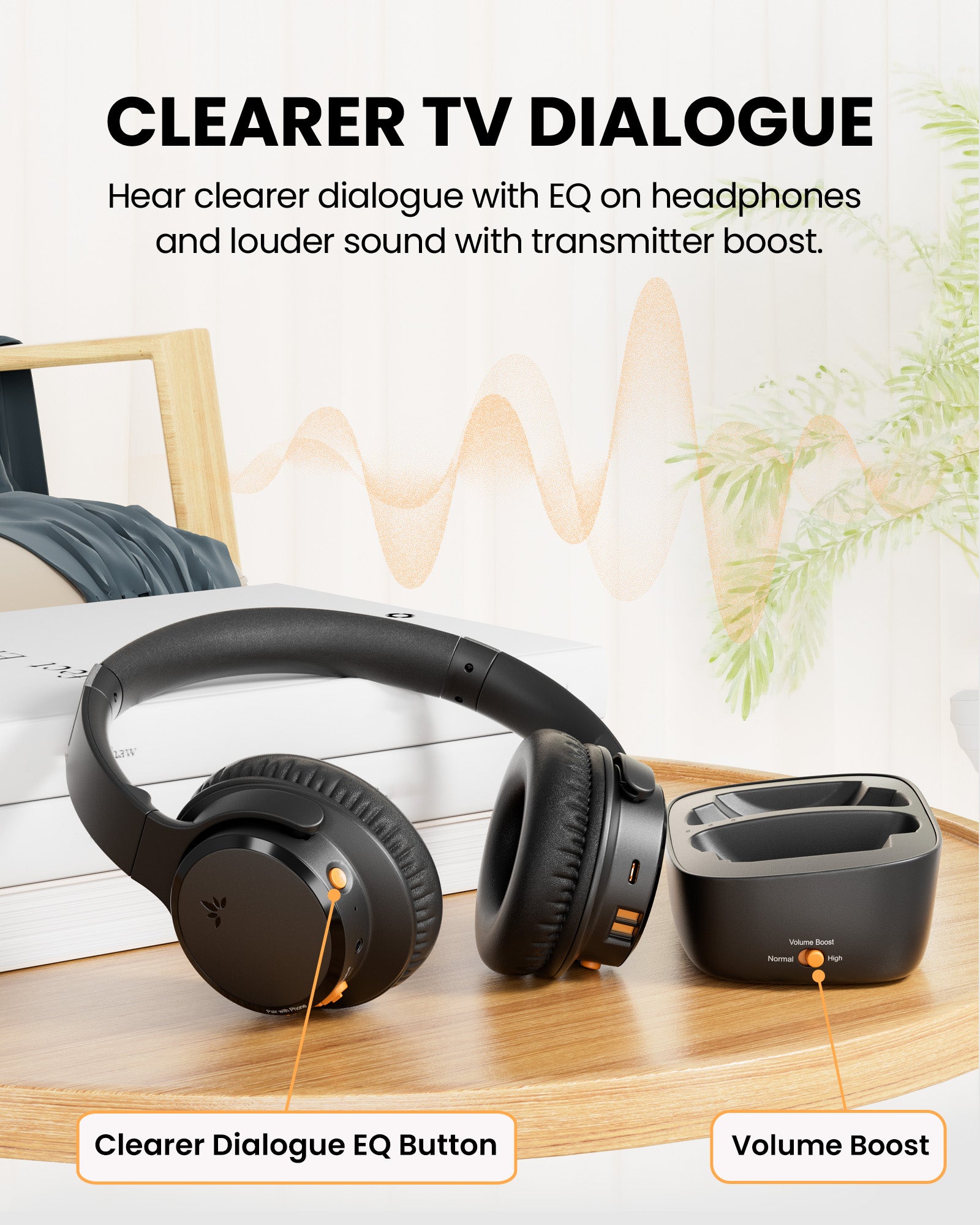 Ensemble Pro Senior-Friendly Wireless TV Headphones for shared bedrooms, with EQ feature clear dialogue and boosting volume for louder listening.
