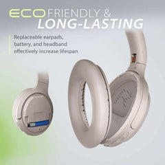 Eon Wireless noise-canceling headphones with mic for everyday use, featuring replaceable headband, earpads, and battery for long-lasting use.