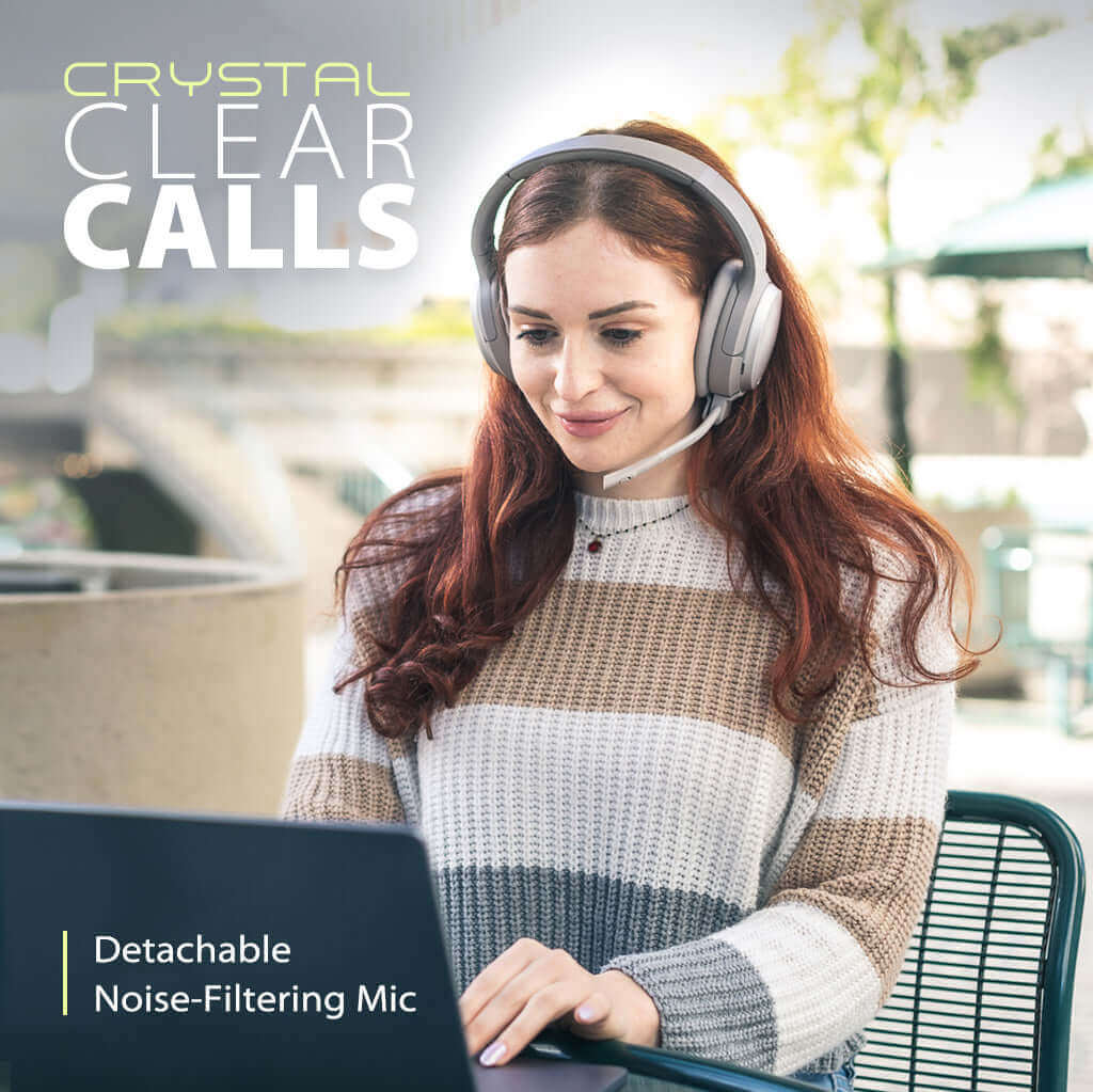 Eon Wireless noise-canceling headphones with detachable boom mic, noise-filter mic, and ANC for clear calls and undisturbed listening in noisy environments.