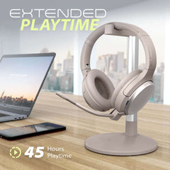 Eon Wireless noise-canceling headphones with detachable boom mic, up to 45 hours extended playtime.