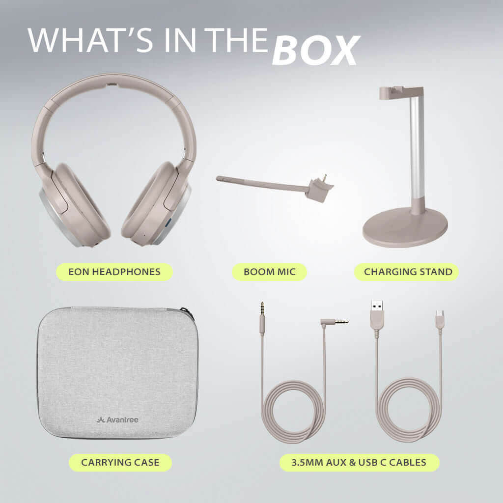 Eon Wireless noise-canceling headphones with detachable boom mic, includes headphones, charging stand, carrying case, and 3.5mm AUX and USB-C cables.