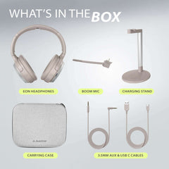 Eon Wireless noise-canceling headphones with detachable boom mic, includes headphones, charging stand, carrying case, and 3.5mm AUX and USB-C cables.