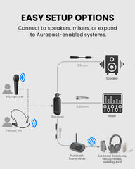 FreeMic Duo Wireless Headset and Handheld Microphone for teaching and small events. Compatible with 3.5mm speakers, 6.35mm mixers, and Auracast transmitters.