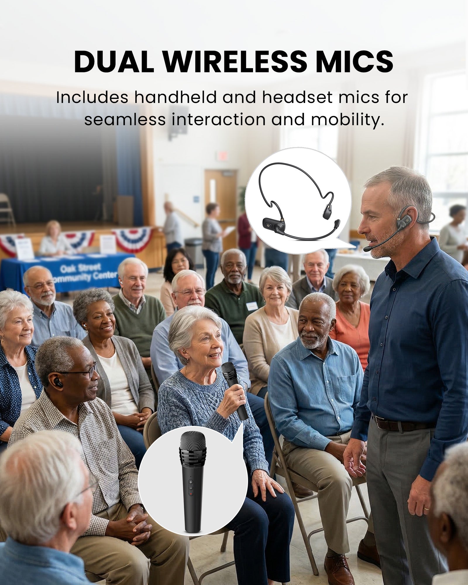 FreeMic Duo Wireless Headset and Handheld Microphone for conference and small events, featuring dual wireless microphones: handheld and headset for flexible use.