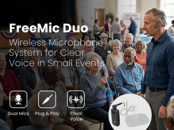 FreeMic Duo Wireless Headset and Handheld Microphone, plug-and-play dual mics deliver clear voice for teaching and events.