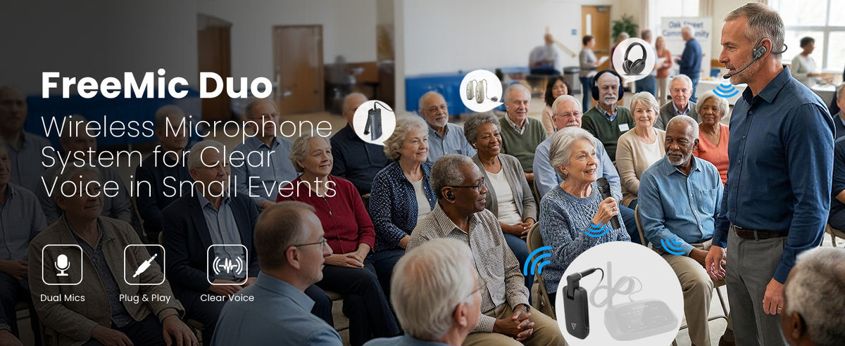 FreeMic Duo Wireless Headset and Handheld Microphone, plug-and-play dual mics deliver clear voice for teaching and events.