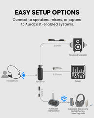 FreeMic W Wireless Headset Microphone System for powered speakers and mixers, compatible with 3.5mm speakers, 6.35mm mixers, and Auracast transmitters.