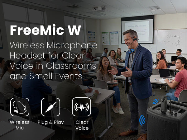 FreeMic W wireless headset and handheld microphone , plug-and-play wireless mic, clear voice for teaching and events.