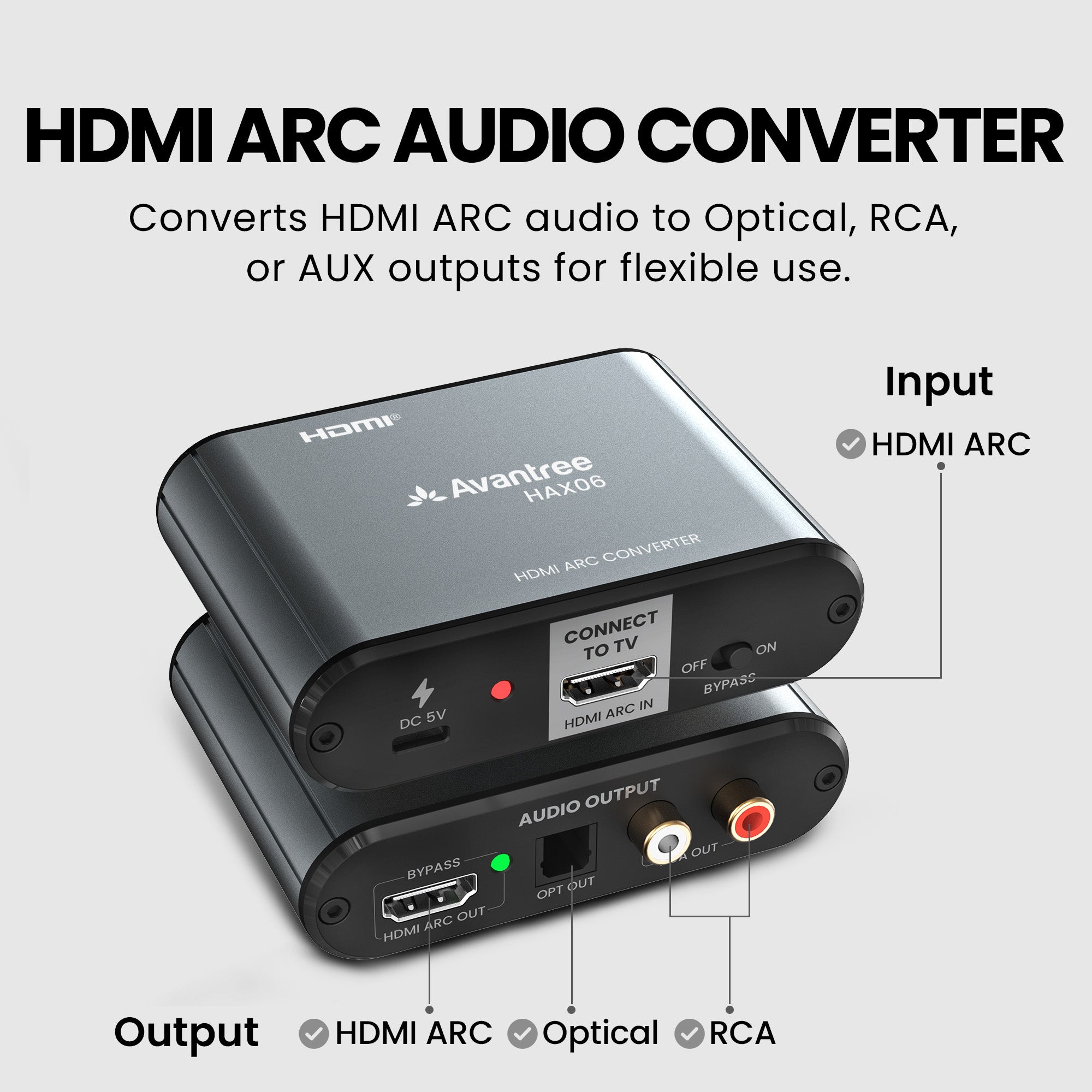 HAX06 HDMI ARC Audio Extractor for Soundbar and Headphones, extracts TV audio from HDMI ARC to optical or RCA output.
