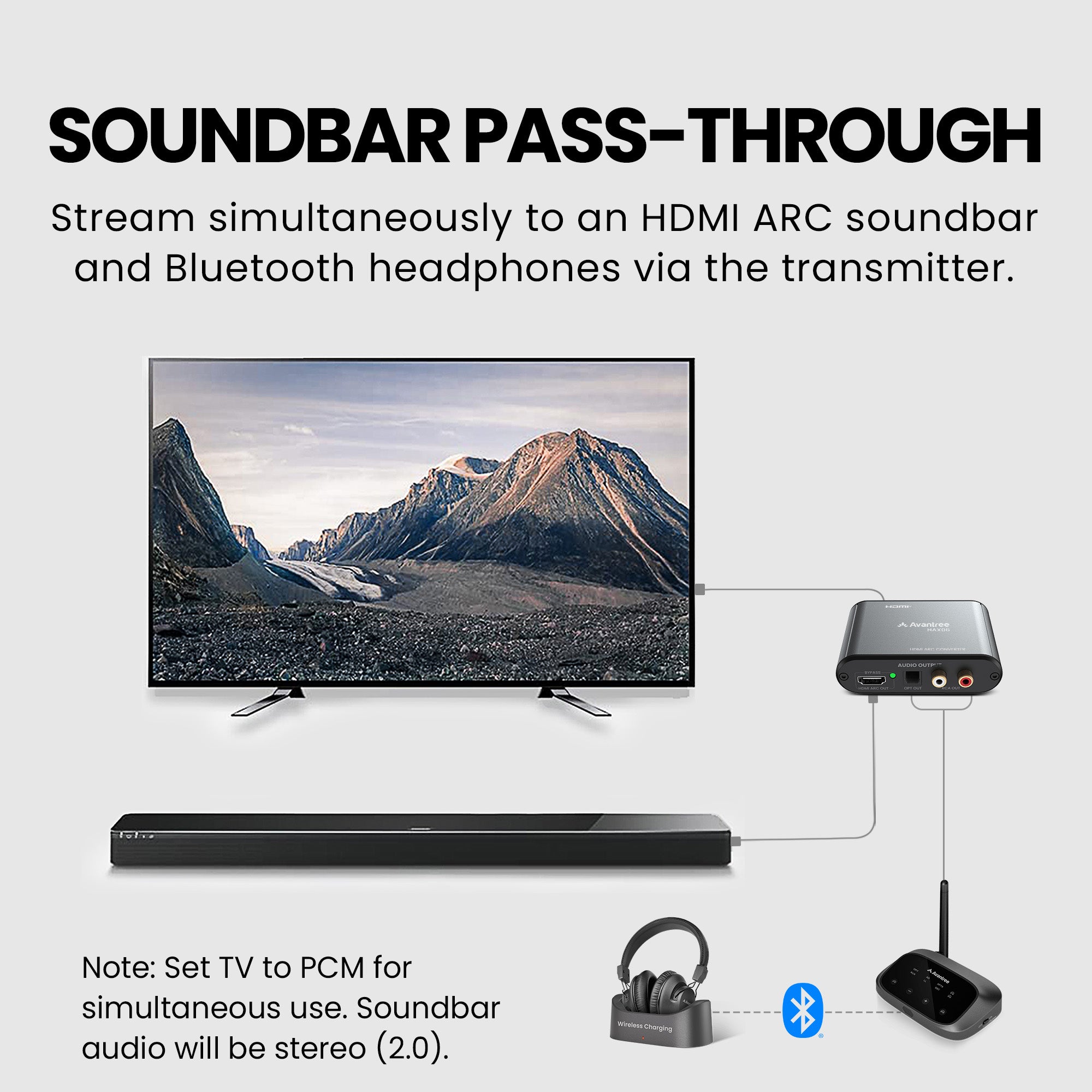 HAX06 HDMI ARC Audio Extractor for Soundbar and Headphones, supports passthrough HDMI soundbar and optical or RCA audio output for Bluetooth transmitters.