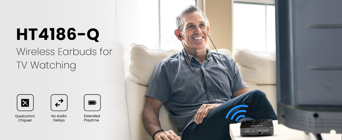 HT4186-Q Wireless Earbuds for TV watching with no audio delay and up to 20 hours of playtime.