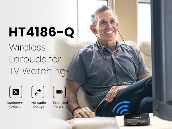 HT4186-Q Wireless Earbuds for TV watching with no audio delay and up to 20 hours of playtime.