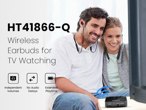 HT41866-Q Wireless TV Earbuds, independent volume control, no audio delay, and 20 hrs playtime.