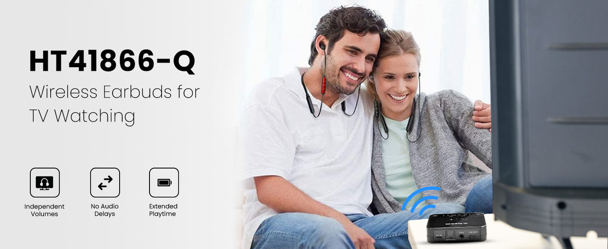 HT41866-Q Wireless TV Earbuds, independent volume control, no audio delay, and 20 hrs playtime.