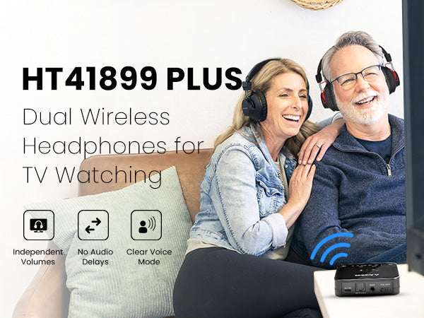 HT41899 Dual Headphone TV Set for Seniors with indepedent volume control, voice clear mode and no audio delay.