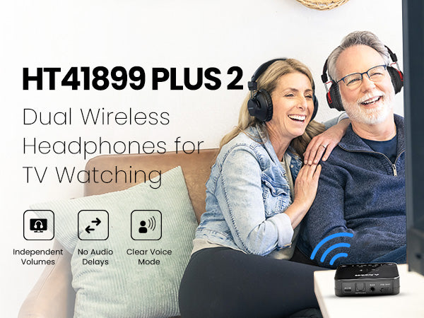 HT41899 Dual Headphone TV Set for Seniors with indepedent volume control, voice clear mode and no audio delay.