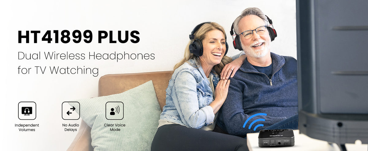 HT41899 Dual Headphone TV Set for Seniors with indepedent volume control, voice clear mode and no audio delay.