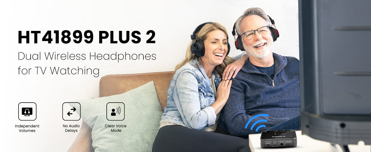 HT41899 Dual Headphone TV Set for Seniors with indepedent volume control, voice clear mode and no audio delay.