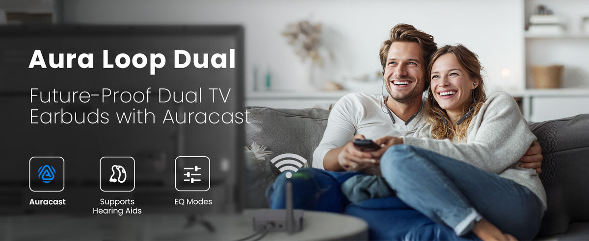 Aura Loop Dual Auracast TV Earbuds with Charging Dock. Compatible with Auracast hearing aids, with EQ modes. no audio delay