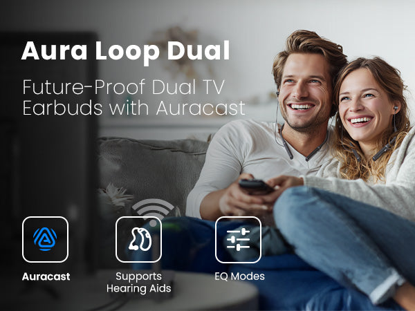 Aura Loop Dual Auracast TV Earbuds, includes two earbud pairs for synchronized private TV listening 