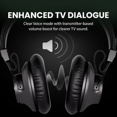 HT5009 Plus Wireless TV Headphones with enhanced TV dialogue, Clear Voice mode, and volume boost for clearer TV sound, ideal for shared spaces and seniors.