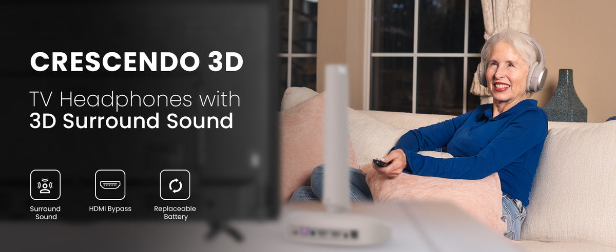 Crescendo 3D TV Headphones with 3D surround sound, HDMI bypass, and replaceable battery.