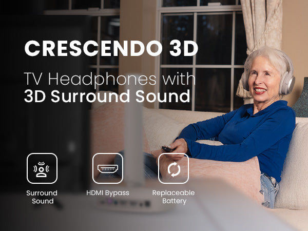 Crescendo 3D TV Headphones with 3D surround sound, HDMI bypass, and replaceable battery.