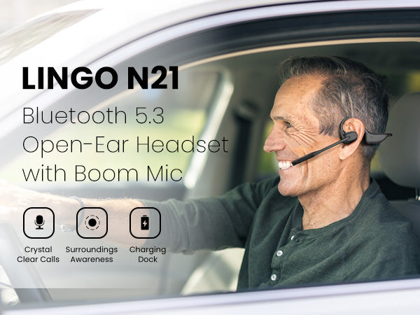 Lingo N21 Bluetooth 3.5 Open-Ear Headset with boom mic, clear calls, sorrounding awareness, and charging dock.