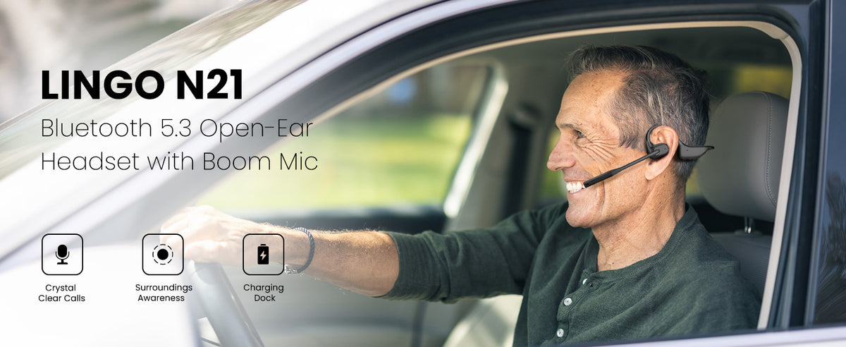 Lingo N21 Bluetooth 3.5 Open-Ear Headset with boom mic, clear calls, sorrounding awareness, and charging dock.