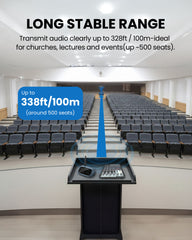 AuraPlex MX Auracast Assistive Listening System with Charging Dock, up to 328ft range for churches, lectures, events, and 500-seat venues.