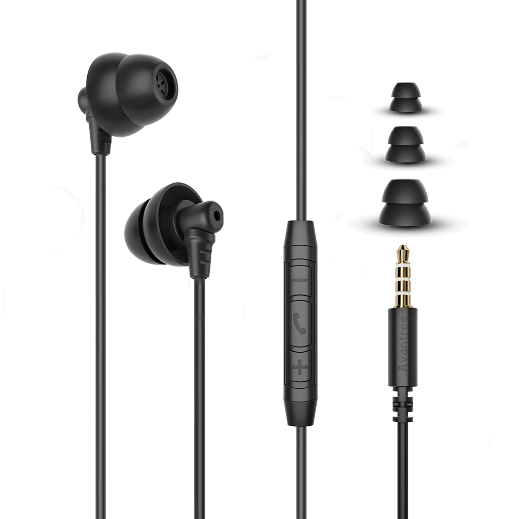 Lullaby E20 Sleep Headphones Wired for Side Sleepers. 2 pairs of 3.5mm wired sleep earbuds with tiny buds for side sleepers & small ears. Ultra-soft noise-canceling with mic & volume control