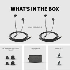 Lullaby E20 Wired Sleep Headphones for Side Sleepers, includes two earbuds, two ear tip sets, cable clips, and a carrying pouch.