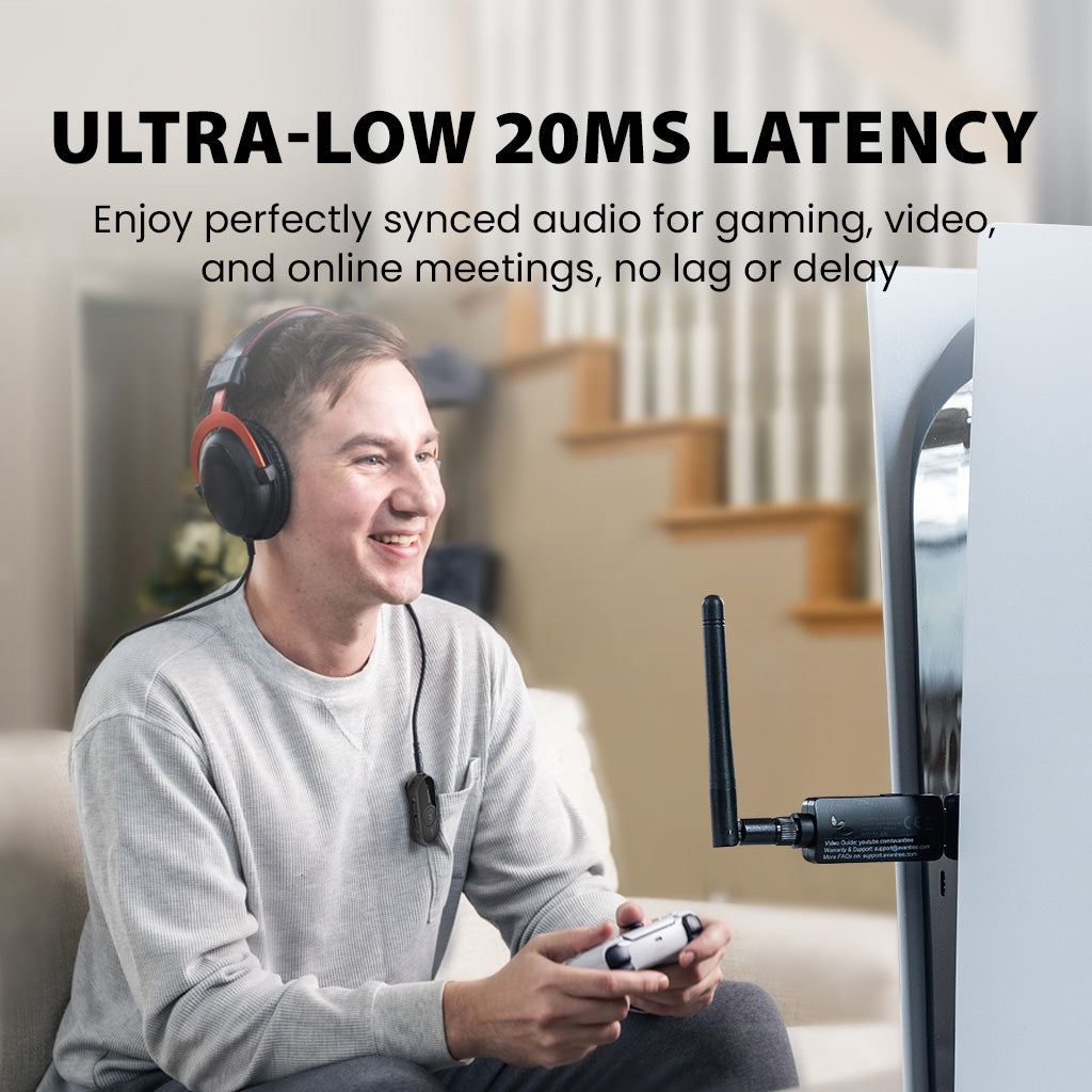ProLink Bluetooth Adapter & Headphones Receiver, ultra-low 20ms latency for smooth gaming, online meetings, and lip-sync video.