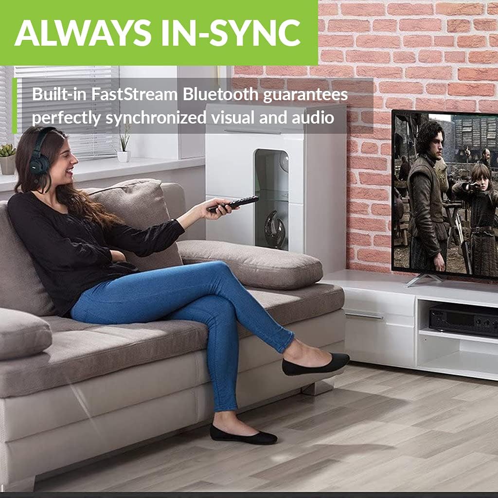 HT4189 Wireless TV Headphone Transmitter Set, Built in FastStream Bluetooth for synchronized audio and video.