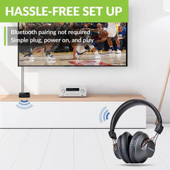 HT4189 Wireless TV Headphone Transmitter Set, pre-paired out of the box with hassle-free setup and automatic TV connection.