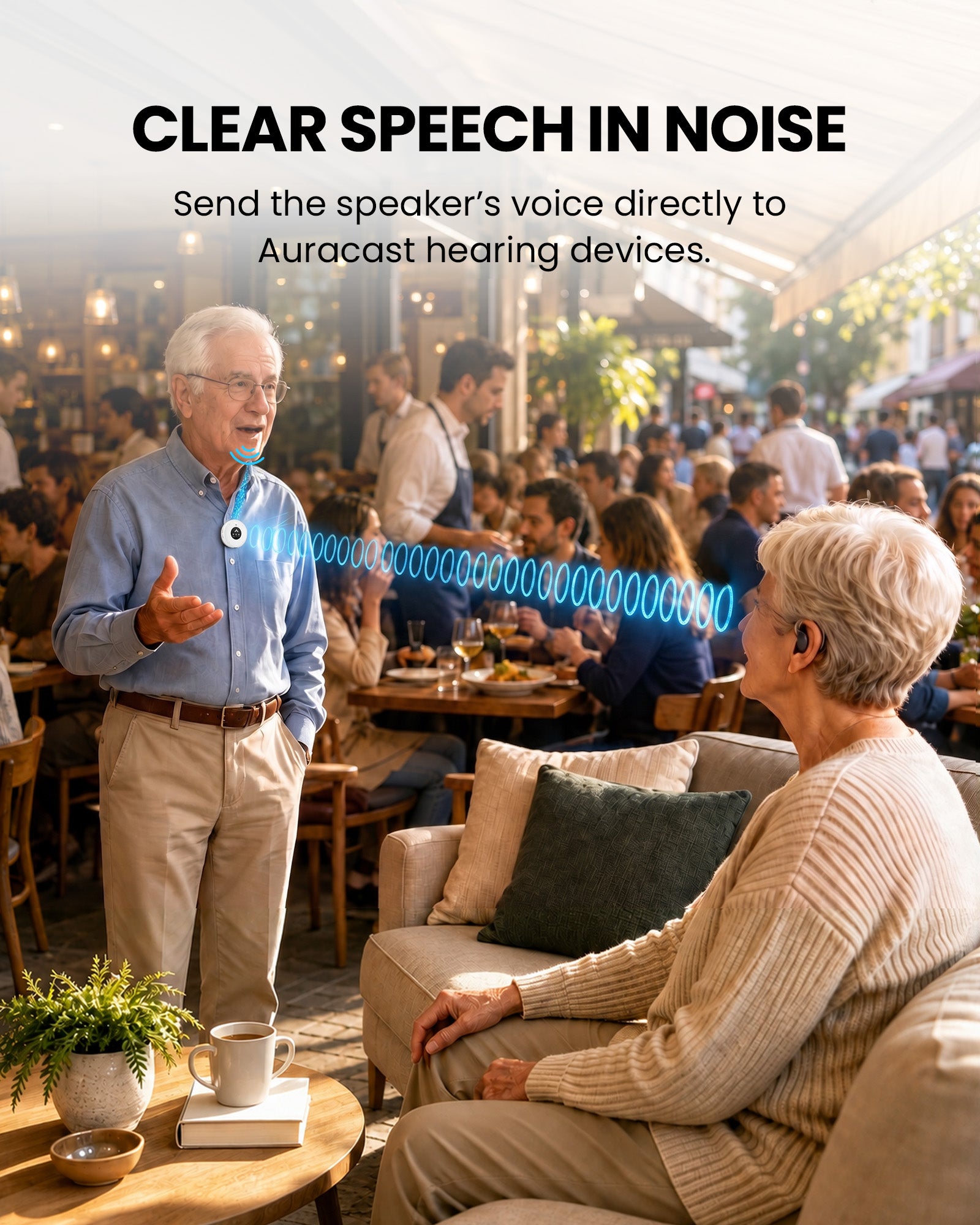 One speaker using AuraMic while a listener hears through compatible Auracast hearing aids