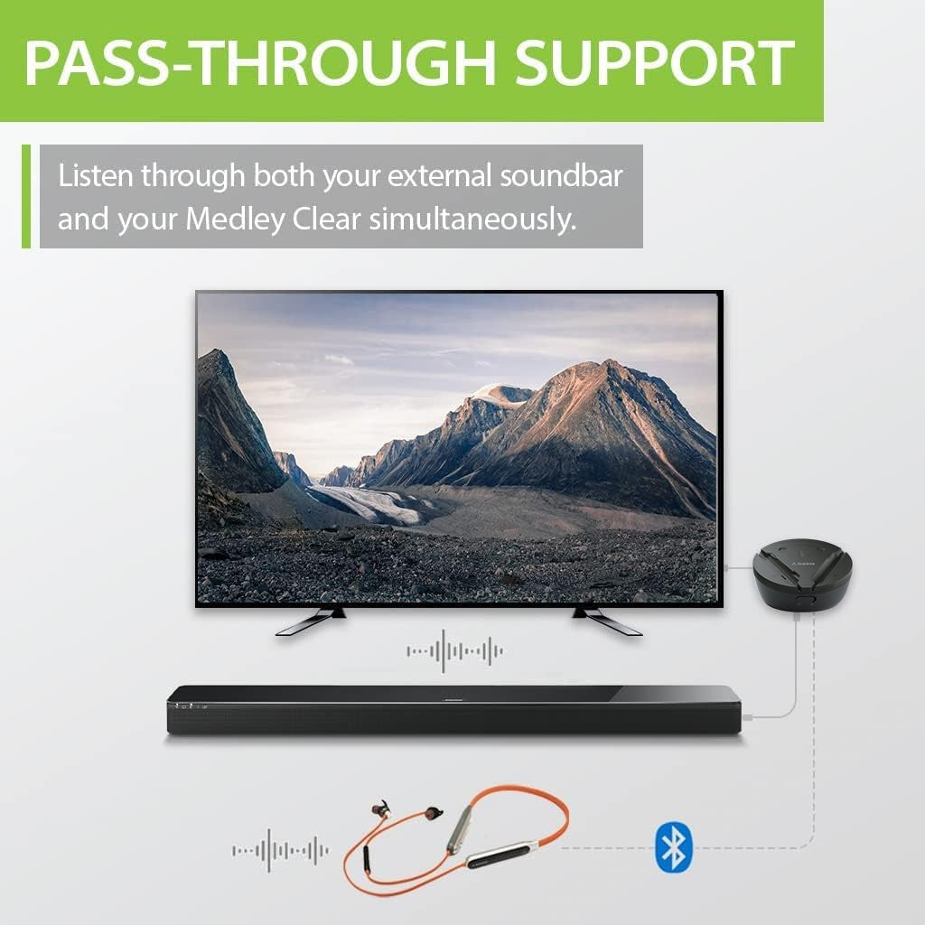 Medley Clear (6018) Wireless TV Earbuds, supports soundbar passthrough for simultaneous headphone and soundbar.