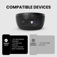 Medley Clear (6018) Wireless TV Earbuds.  Supports TVs with optical, 3.5mm AUX, or built-in Bluetooth output. Not compatible with HDMI