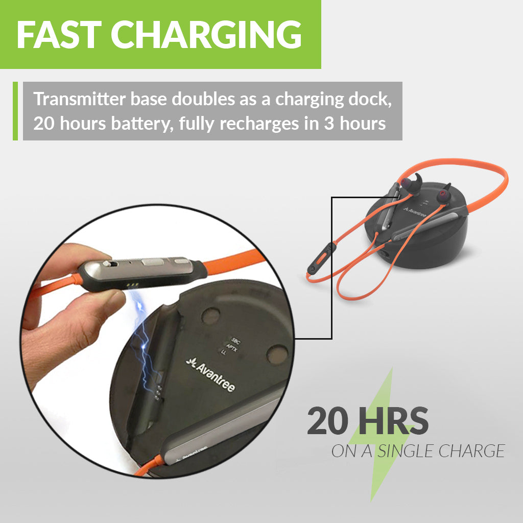 Medley Clear (6018) Wireless TV Earbuds with Transmitter and Charging Dock, up to 20 hours battery life, with 3-hour full recharge.
