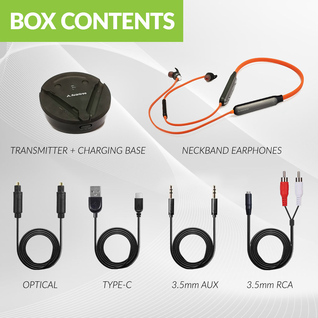Medley Clear (6018) Wireless TV Earbuds includes transmitter, charging dock, earbuds, and setup cables.